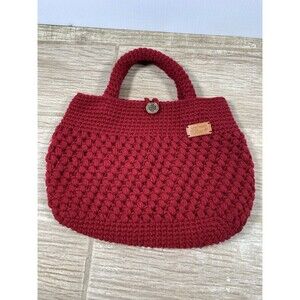 Handmade Red Crochet Knit Handbag Purse Button Closure Boho Style Textured Tote